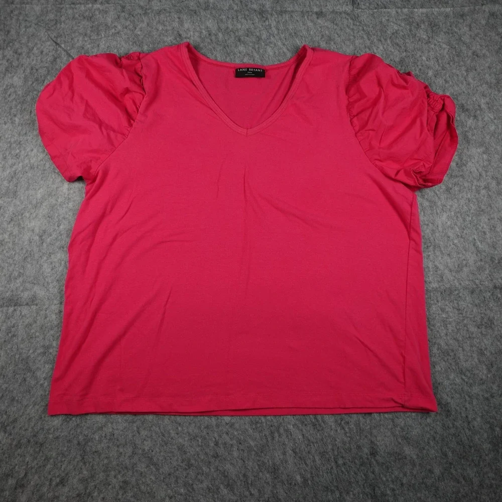 Lane‎ Bryant Top Women 22/24 Pink Puff Sleeve V Neck Stretch Cotton Plus Size